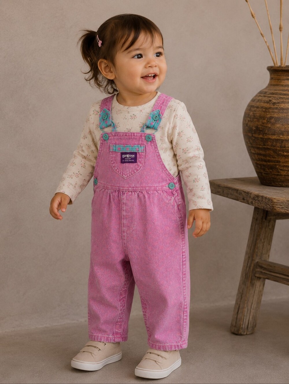 Vintage OshKosh Pink Denim Overalls 18M 90s Girls Polka Dot Colorblock Dungarees